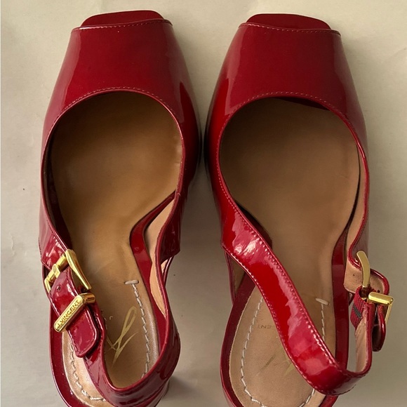 J Vincent Patent Leather Open Toe Slingback Cherry Red High Heel Sandals - Picture 9 of 14